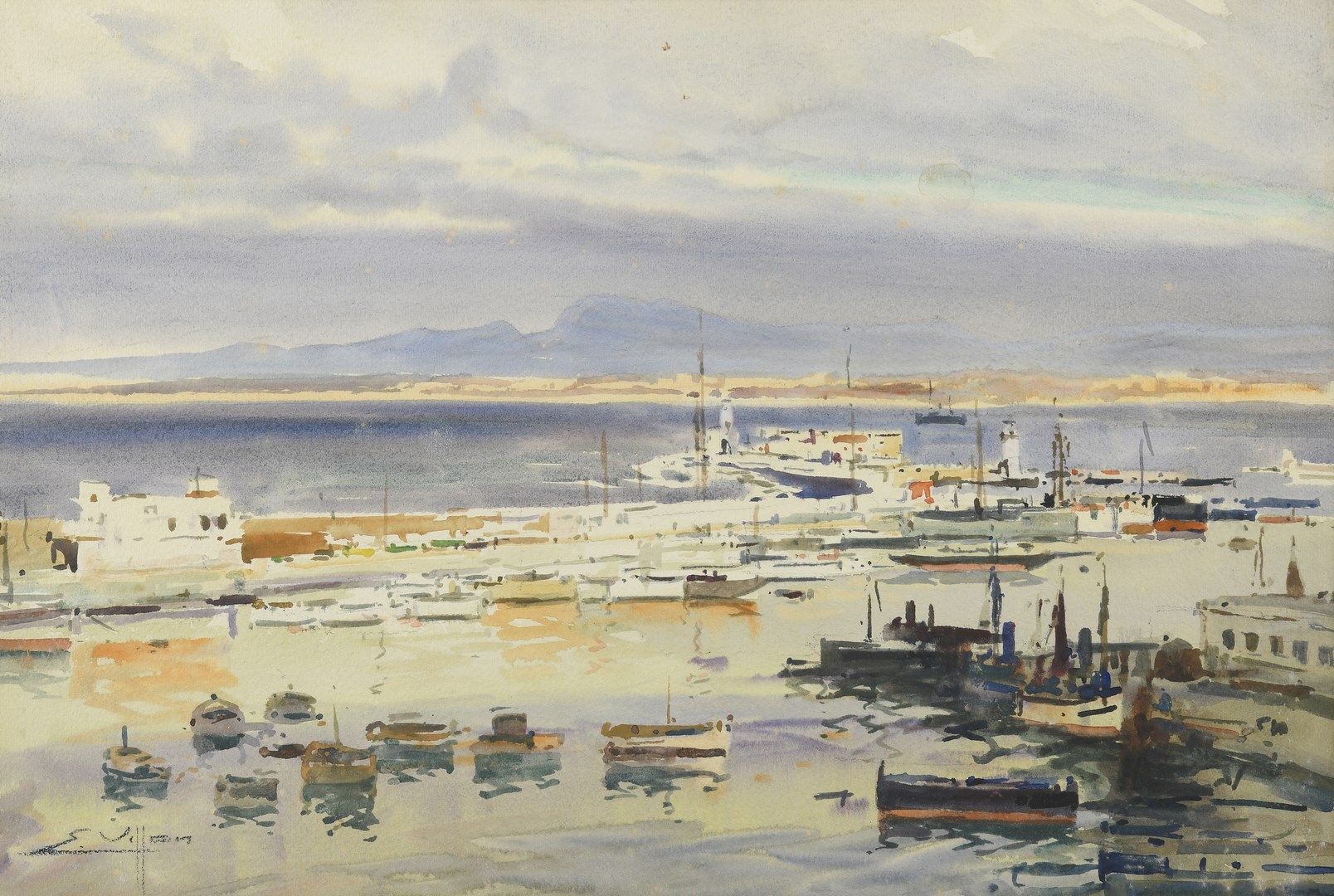 Null 维龙-尤金，1879-1951年

阿尔及尔港

水彩画和水粉画（小污点）

左下角有签名，位于卡纸背面，有工作室印章

35,5 x 54 cm a&hellip;
