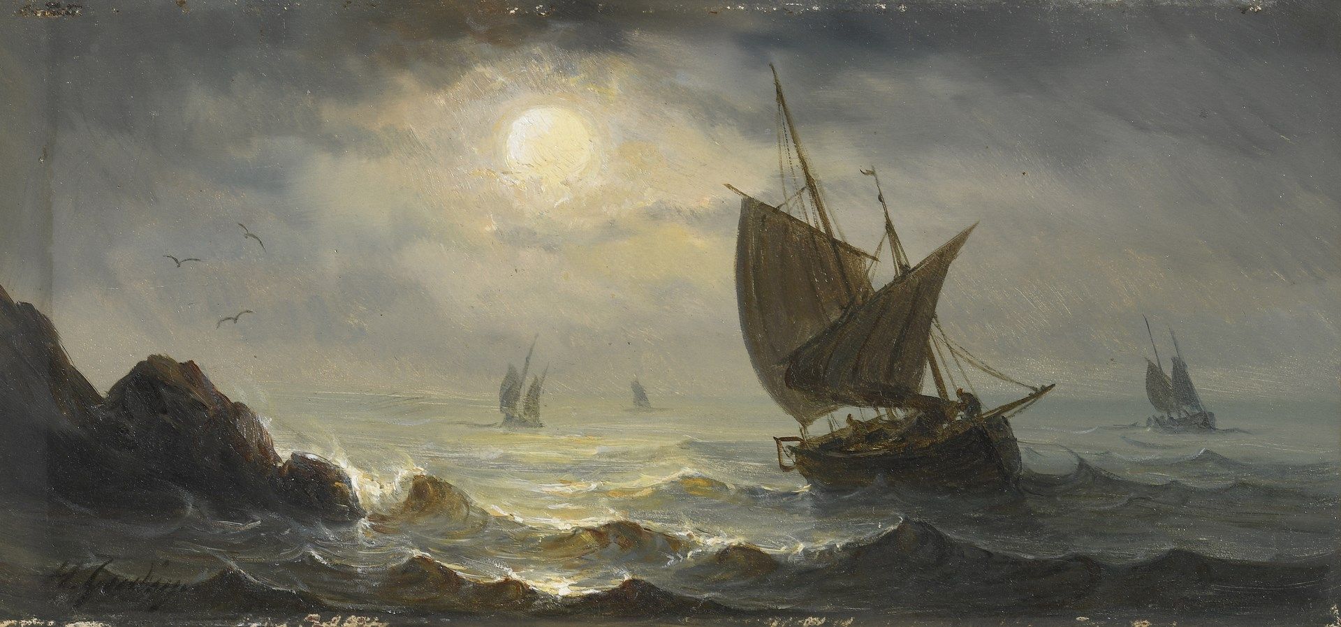 Null 古丁-亨里埃特，1825-1892年

月光下的帆船

板面油彩（边缘有很小的缺损）

左下角有签名

9,5 x 20,5 cm
