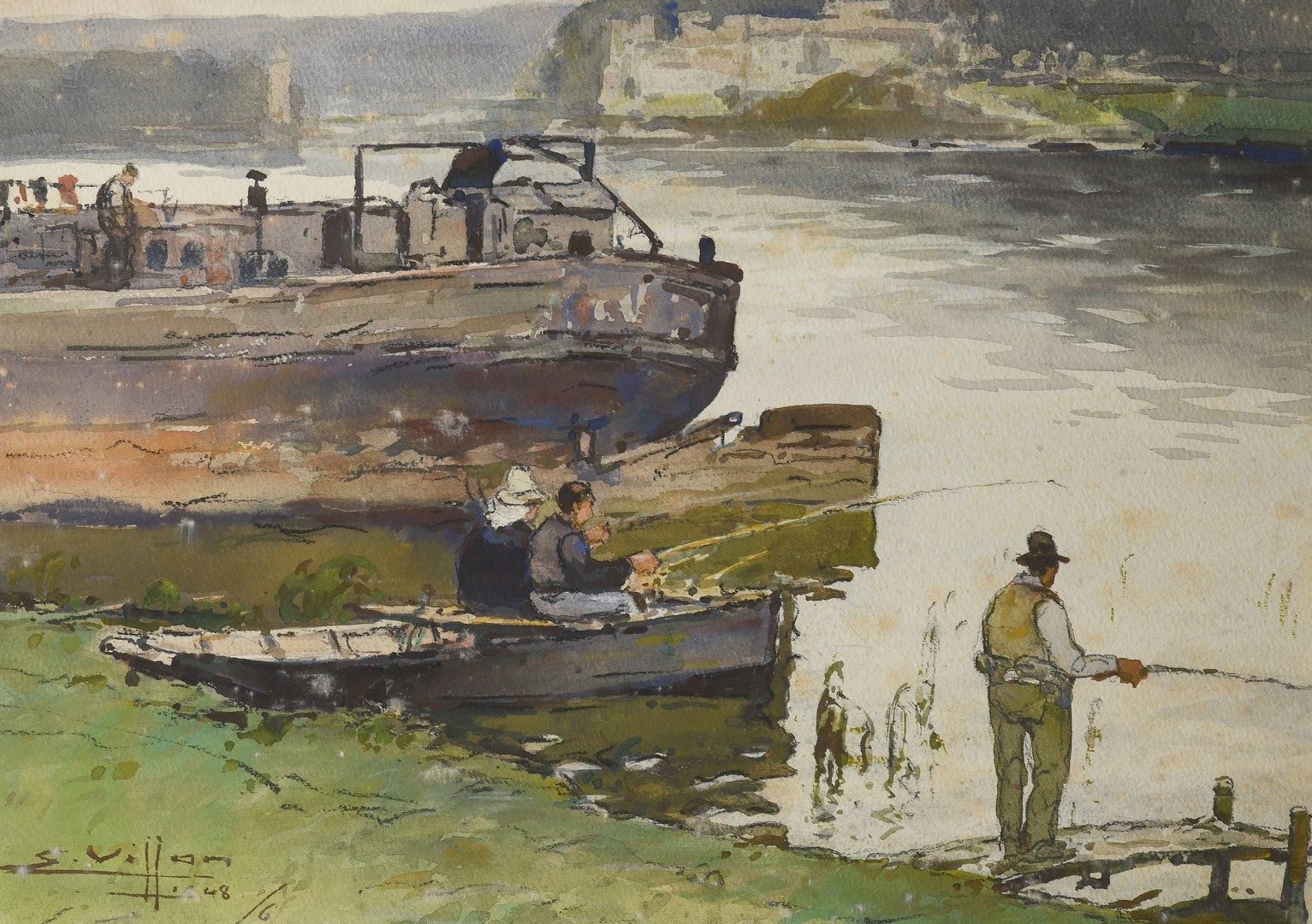 Null 维龙-尤金，1879-1951年

索恩河上的驳船和渔民，1948年

水粉画

左下角有签名和日期，位于装裱的背面

26 x 37 cm 正在观看
