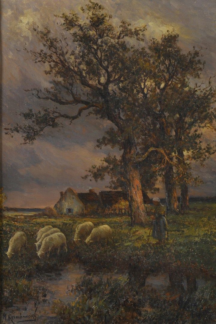 Null 科罗汉斯基-米歇尔，1866-1925年

牧羊女和她的羊群在黄昏时分

布面油画（小事故）

左下角有签名

55 x 38 cm