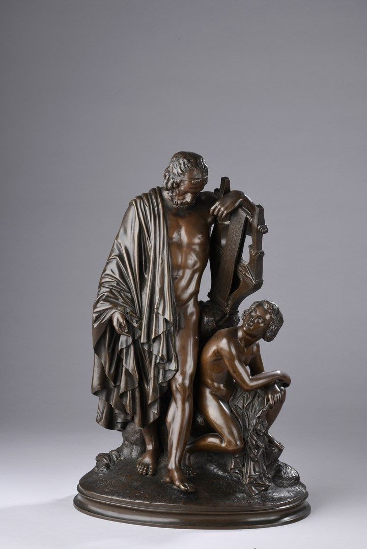 Null 普拉迪尔-詹姆斯，1790-1852

荷马和他的向导，1852年

有棕色铜锈的青铜组（棍子不见了）

在露台上: PRADIER 1852

高度&hellip;
