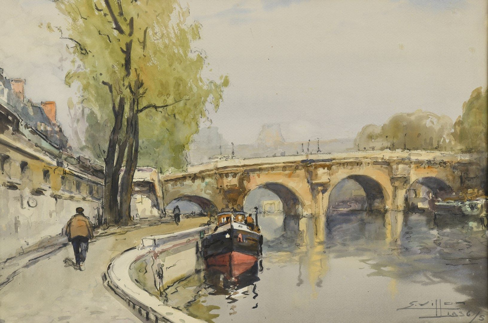 Null 维龙-尤金，1879-1951年

尼夫桥和码头，巴黎，1936年

纸上水彩和水粉画（有发霉的痕迹）

右下角有签名并注明日期，位于装裱的背面

3&hellip;