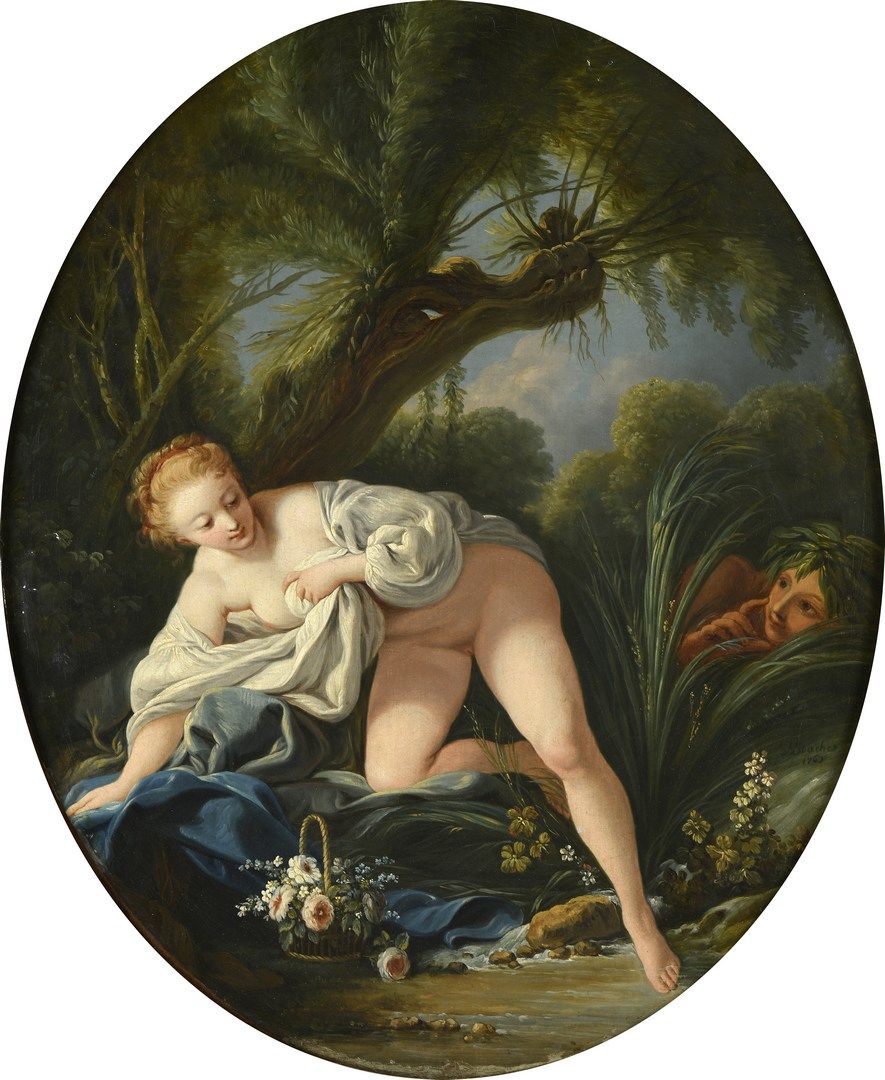 Null BOUCHER François (School of)

1703 - 1770 



被入侵者吓一跳的浴者



布面油画，椭圆型

右下角注有&hellip;