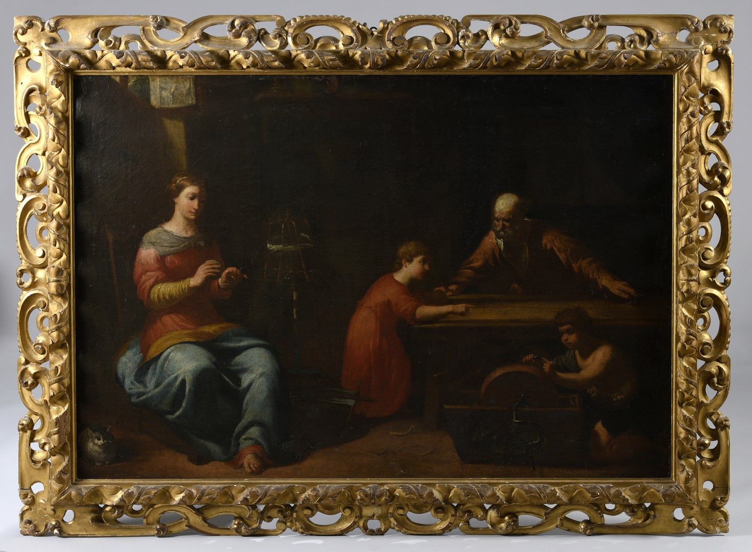 Null 17世纪的意大利学校

约瑟夫-卡彭蒂埃和健康家庭的圣人。 

圣母被描绘成在纺纱，约瑟夫在他的工作台上，孩子耶稣在测量一根木制横梁，小圣约翰在磨刀。&hellip;