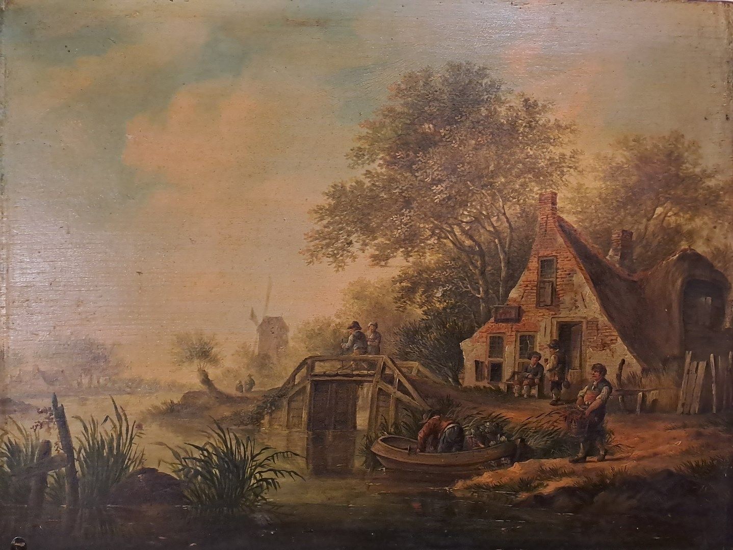 Null 18世纪的HOLLAND学校

1- 乘坐小船或在河边的茅草屋里出发

板上油彩。橡木（旧的发黄的清漆）。

在一个小盘子的左下方有Monnogram&hellip;