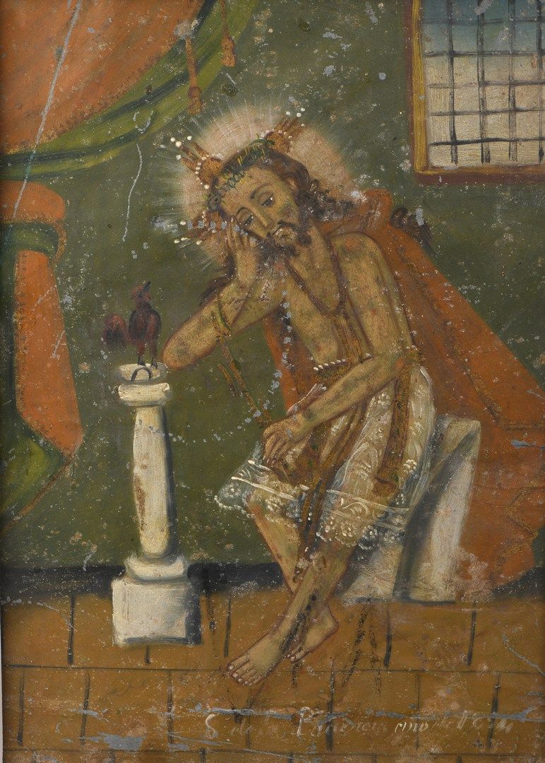 Null 怜悯的基督

金属上的油彩

基督坐着，他的右手肘放在柱子上，圣彼得的公鸡就栖息在柱子上。下部刻有S. De la Pa [...]ano de 18&hellip;