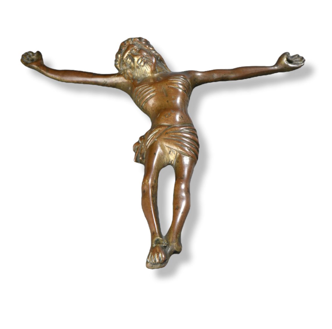 Null Christus aus Bronze mit Spuren von Vergoldung, Hohlguss. Auf der rechten Sc&hellip;