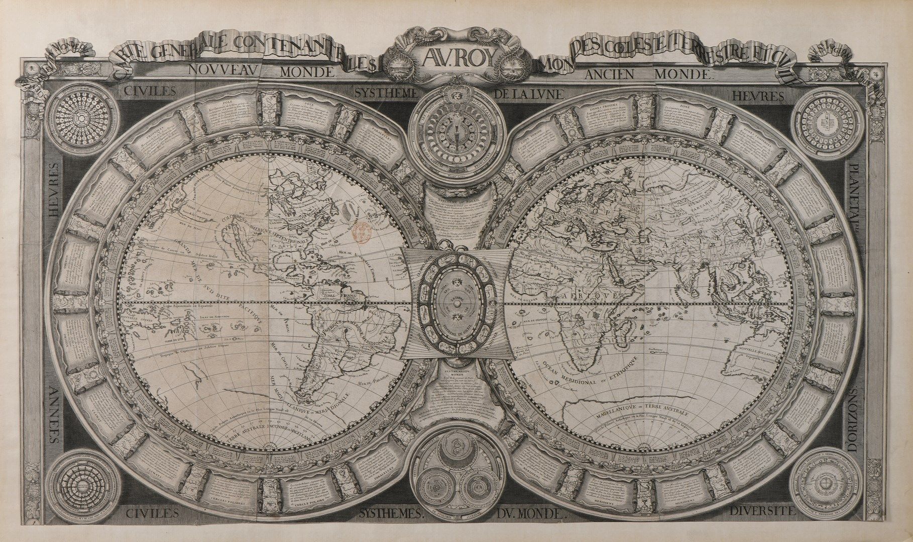 Null 克劳德-奥古斯特-贝雷 (1651-1732)

包含天体和陆地世界的总地图。

证明切到了主题，水平和垂直的褶皱，捏紧的褶皱。边缘有小裂缝。

53&hellip;