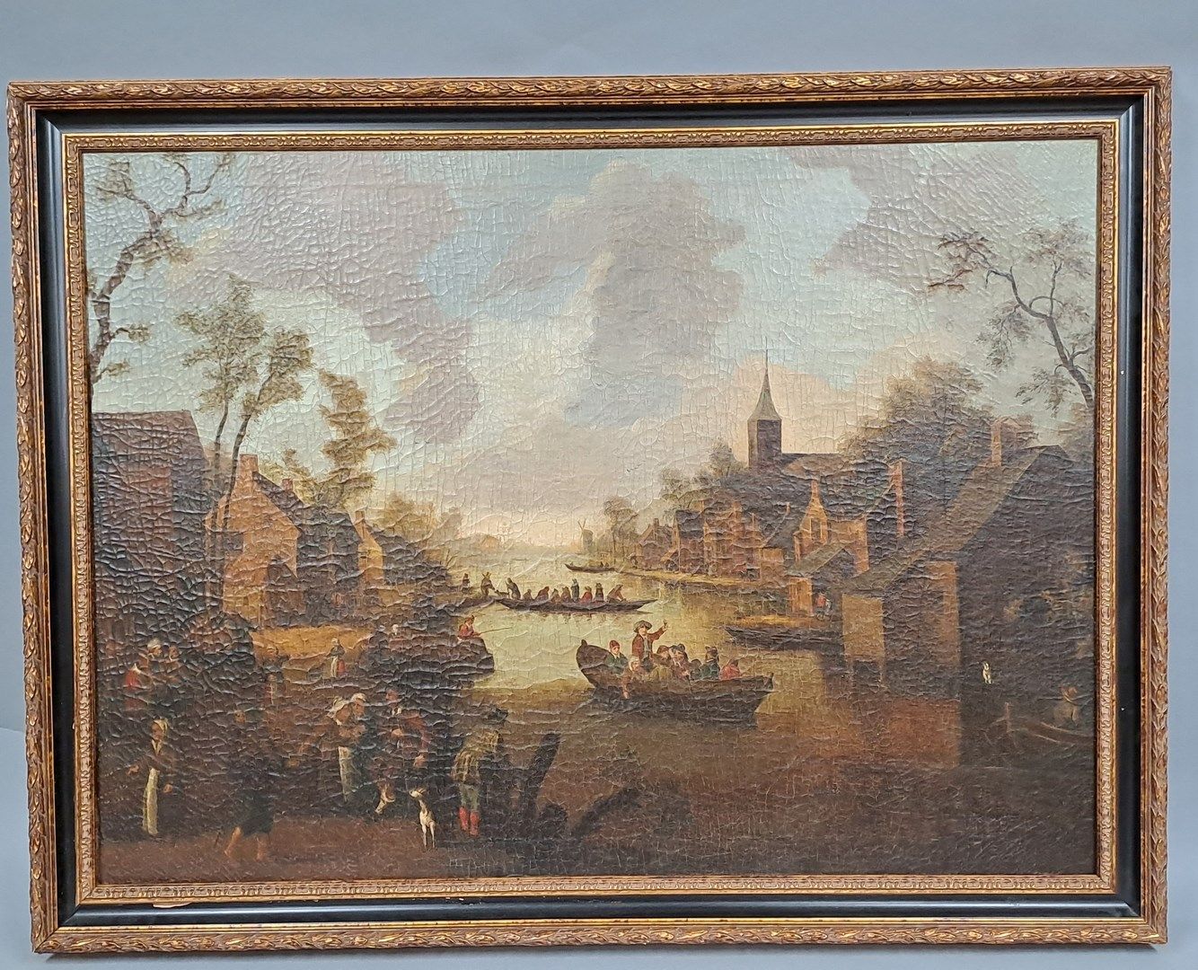 Null 杜特尔特学校
在17世纪的品味中

河流景观与船上和岸上的村民
布面油画（衬托和修复）

H.70.5 - W. 95 cm