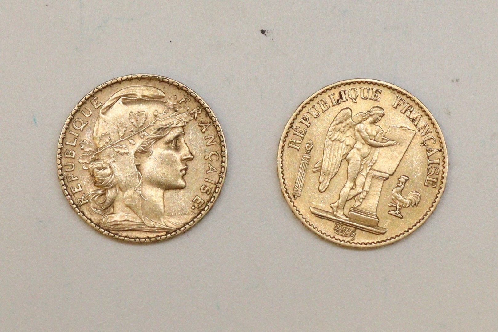 Null 两枚20法郎金币拍品，包括：:

- 精灵 (1878 A)

- 公鸡 (1903)

重量：12.90克。