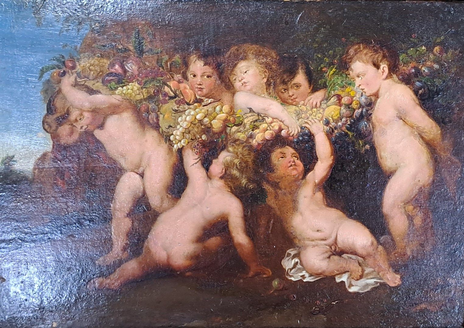 Null 鲁本斯-皮埃尔-保尔（后）
19世纪末至20世纪初的作品

秋天的寓意或携带水果花环的恋人
粘贴在面板上的纸上油彩（边缘有小缺口）
左下角有红色注解 &hellip;