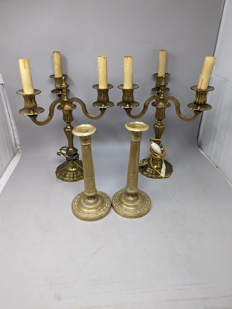 Null Pair of three-light brass candlesticks, electrified. A pair of Empire style&hellip;