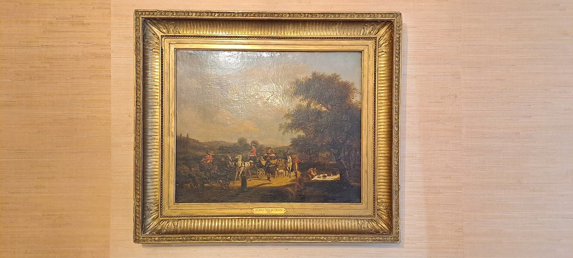Null ECOLE XIXème, rendez-vous de chasse, huile sur toile. 36 x 45 cm.