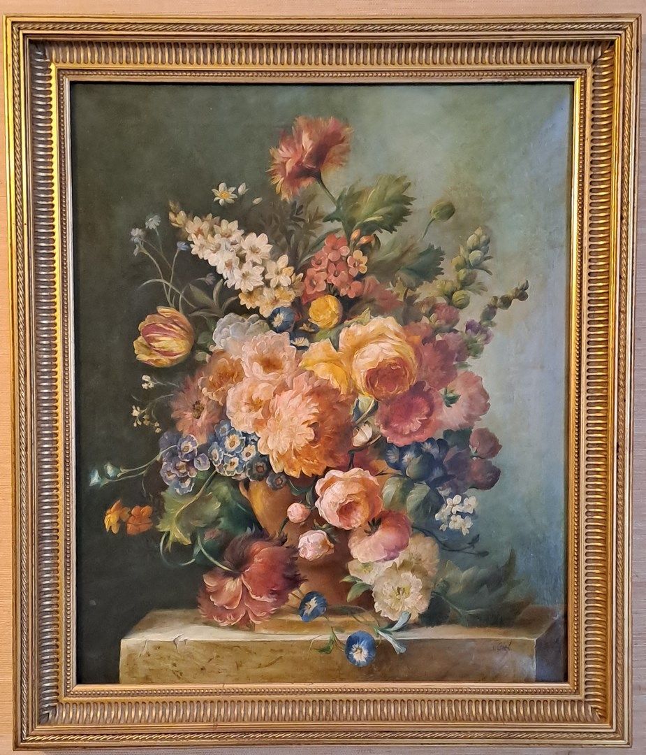 Null ECOLES MODERNES - Bouquets de fleurs, deux huiles sur toile formant pendant&hellip;
