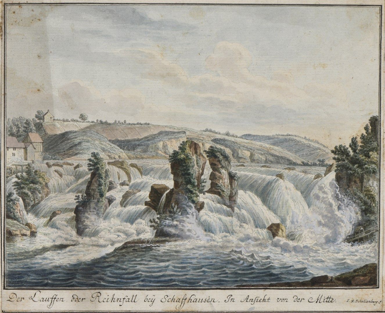 Null 约翰-鲁道夫-谢伦伯格（SCHELLENBERG）
(Wintenthur 1740 - 1806)

莱茵河瀑布在沙夫索森
钢笔、黑墨水和水彩画。粘&hellip;