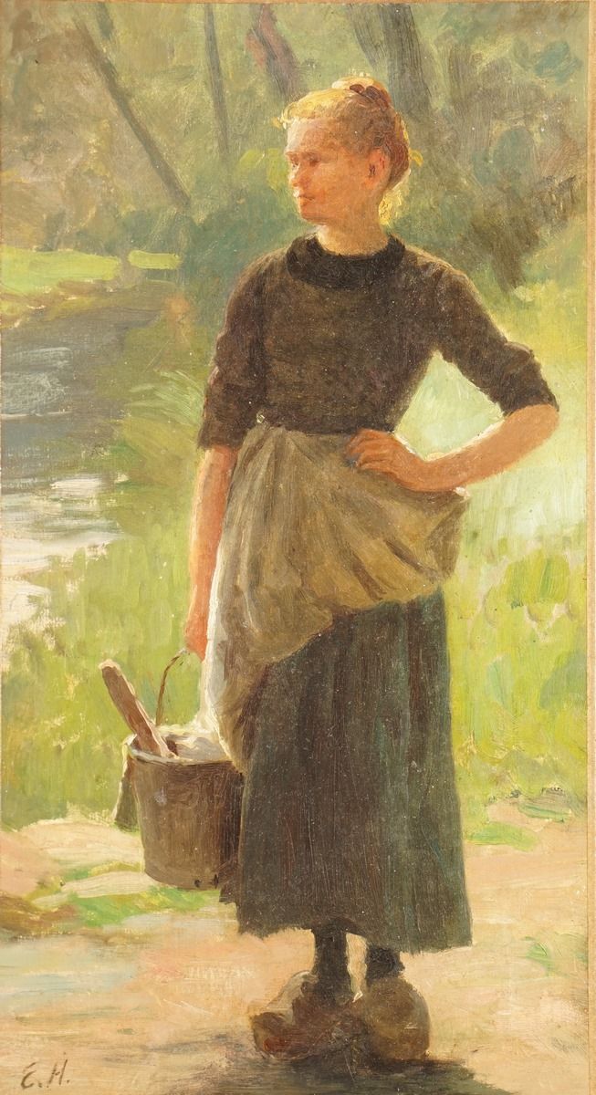 Null 赫兰德-艾玛，1856-1947
年轻的洗衣妇在河边
纸上油画，镶在面板上
左下角有文字说明
38,5 x 21 cm