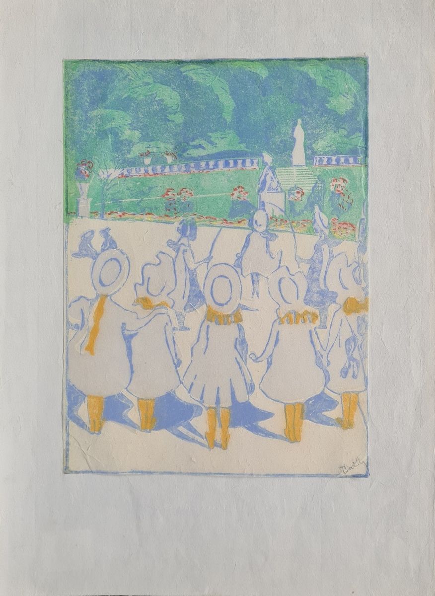 Null 巴伊-爱丽丝，1872-1938
在卢森堡花园玩耍的女孩
纸上彩色木刻，四角装裱在纸上（有少量划痕）。
右下方有签名
26 x 19 cm
