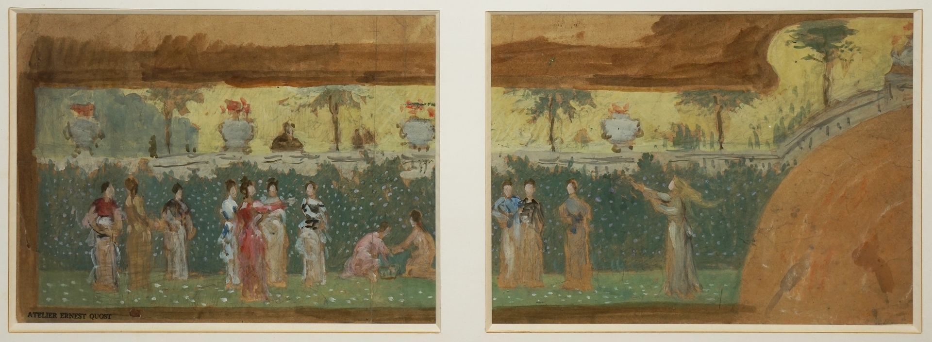 Null 欧内斯特，1844-1931
公园里优雅的女人
两张纸上的水粉画项目，装在同一个支架上
左下角有工作室印章
每张23 x 31厘米