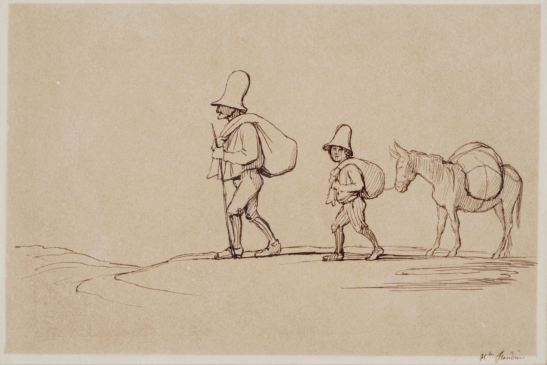 Null FLANDRIN Hippolyte, 1809-1864
Wanderer mit einem Esel
Feder und braune Tint&hellip;