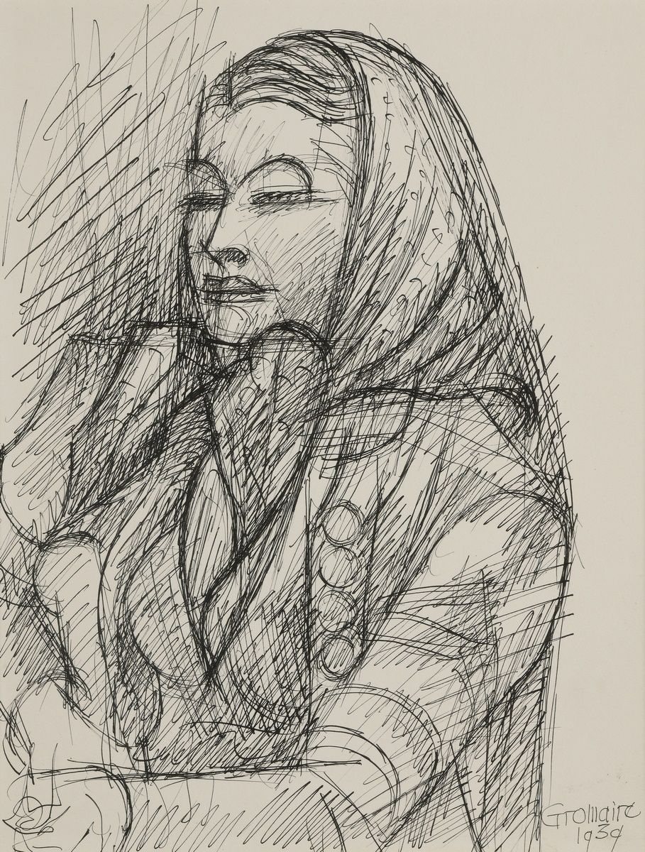 Null 格罗迈尔-马塞尔, 1892-1971
戴披肩的女人，1939年
纸上钢笔和墨水
右下方有签名和日期
31,5 x 24,5 cm