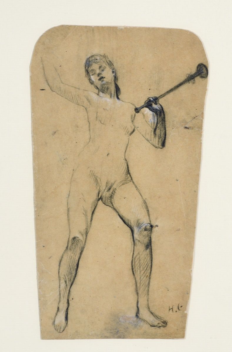Null GERVEX Henri, 1852-1929
拿着小号的裸体
黑色铅笔和白色粉笔在不规则的双倍描图纸上（有褶皱、撕裂和小块缺失的痕迹）。
右下角有文&hellip;