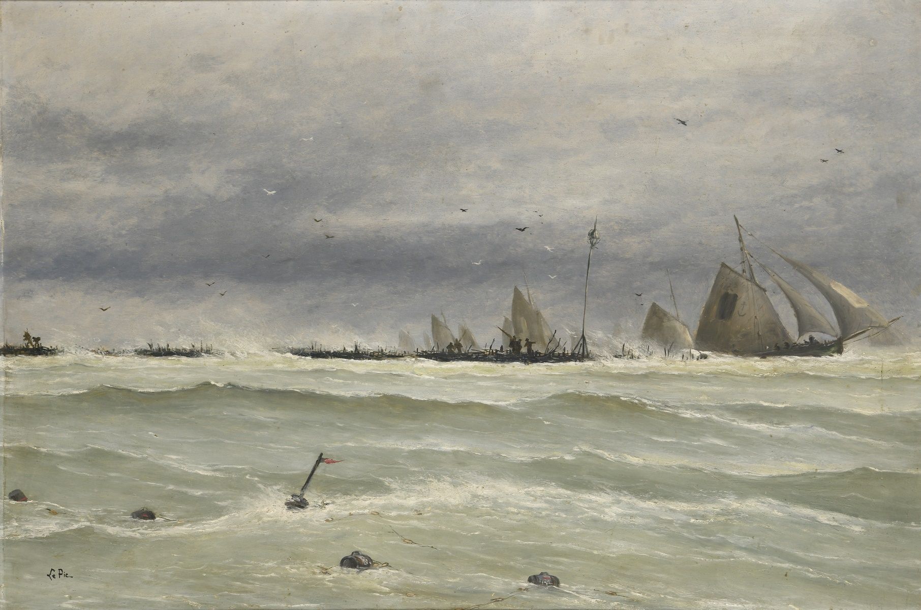 Null LEPIC Ludovic Napoleon, 1839-1889
大雨中的贝尔克码头后的帆船
板面油画（污点和脏清漆）。
左下角有签名
65 x 9&hellip;