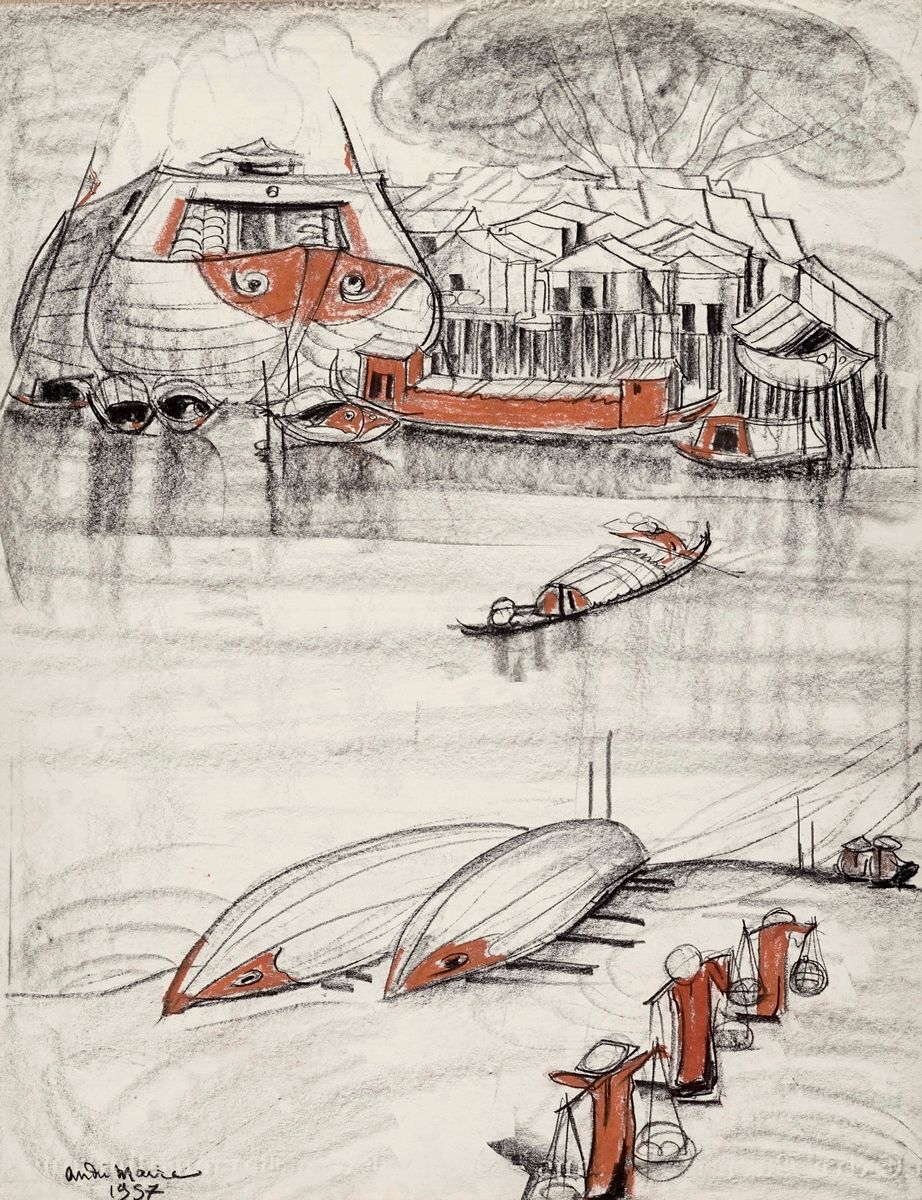 Null 麦尔-安德烈，1898-1984
村庄和船，1957年
粉笔、红粉笔和褐粉笔
左下方有签名和日期
65 x 50厘米