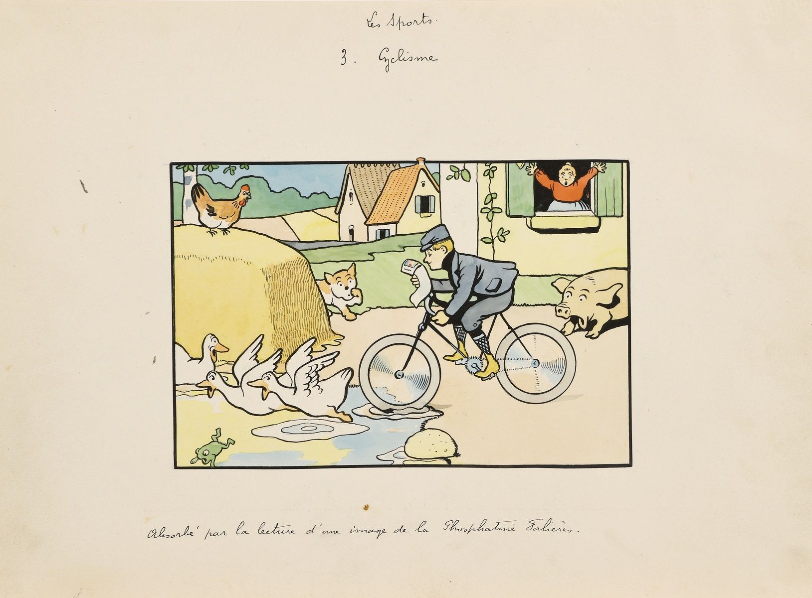 Null RABIER本杰明，颁发给
体育，3--自行车运动
用钢笔、墨水和水彩在纸上绘制的插图草稿，用于Falières磷酸盐的一系列广告卡 
(主题的空白处&hellip;