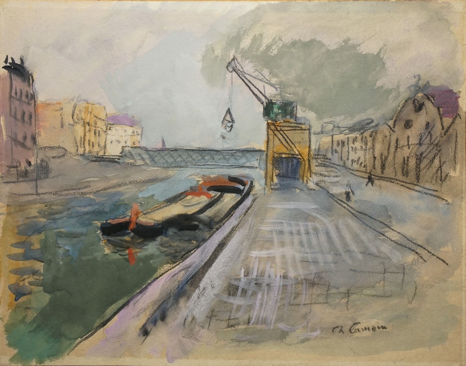 Null 查尔斯-卡莫恩，1879-1965
码头上的驳船
纸上黑铅笔和水粉画
右下角有签名
21x 27厘米

我们感谢Camoin档案馆确认了这件作品的真实&hellip;