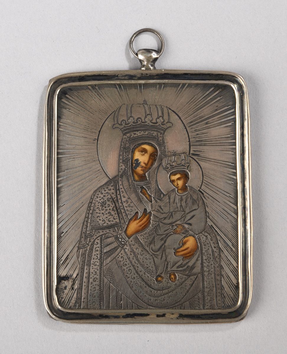 Null Icon of the Virgin and Child in majesty. Icon of travel enamelled on metal &hellip;