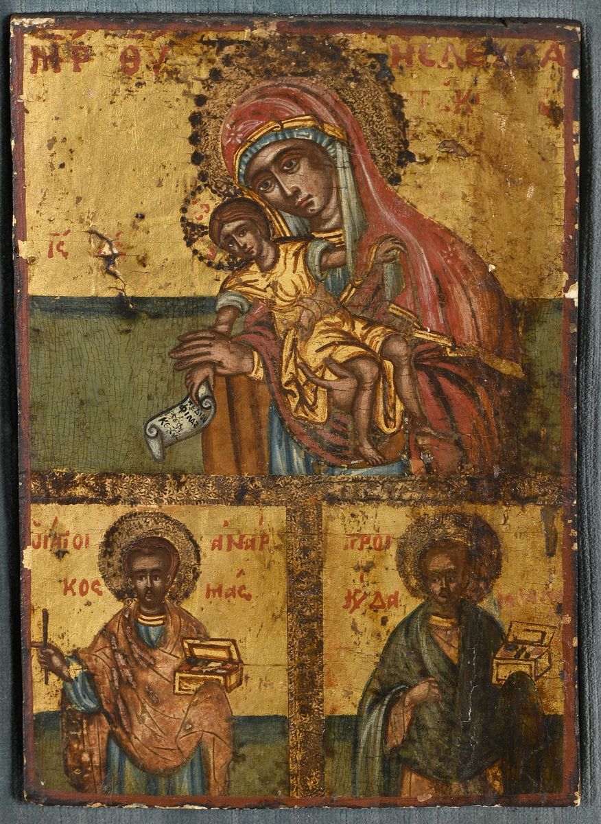 Null 圣母和儿童手持法器的圣像，以及手持羽毛的圣福音者。金色背景的木板油彩画。 
19世纪的希腊学校。 
裂缝，小的损坏和修复。 
20,2 x 14,2厘&hellip;