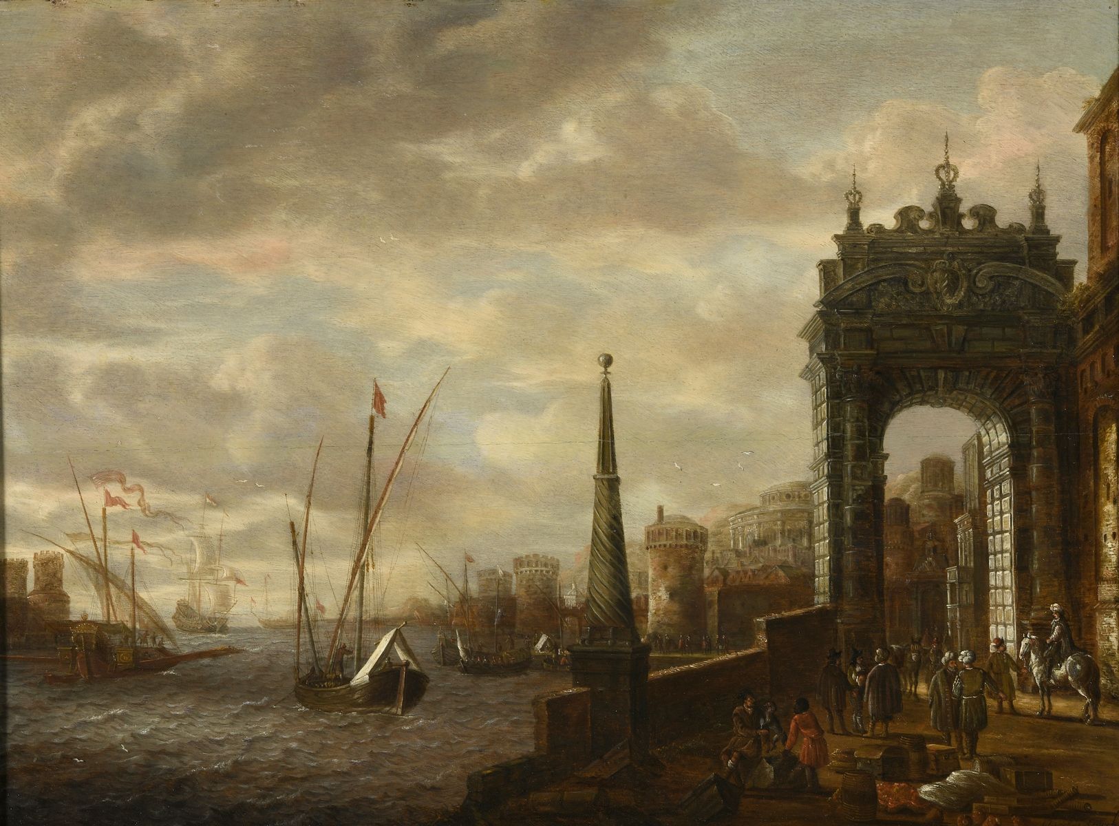 Null 斯托克-雅各布斯
阿姆斯特丹 1641 - 同上; 1692 / 99

地中海的港口景观与东方人物 

油画板上。橡木。两块横板。拼花。 
签名右下&hellip;