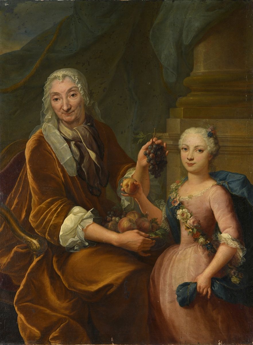 Null 法国学校 18世纪上半叶

一个祖母和她的孙女的画像。
第一幅呈现的是一串葡萄，象征着秋天，第二幅则是用鲜花装饰，象征着春天。

布面油画（重新调整过&hellip;