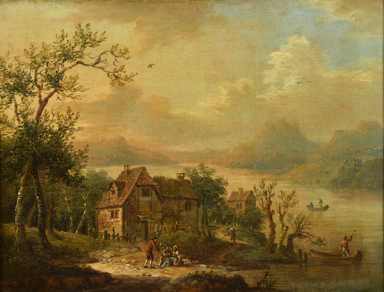 Null 舒茨-克里斯蒂安-乔治二世(归属)
弗洛瑟姆1758年--法兰克福1823年

莱茵河畔的小屋

布面油画（反转）。
左下角有注解HUET-73

H&hellip;