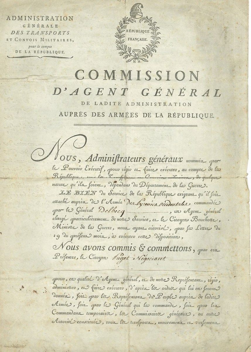 Null 运输和军事车队。15人的信，1793年6月3日，巴黎；3页内页，部分印在信纸上 Administration générale des transpo&hellip;