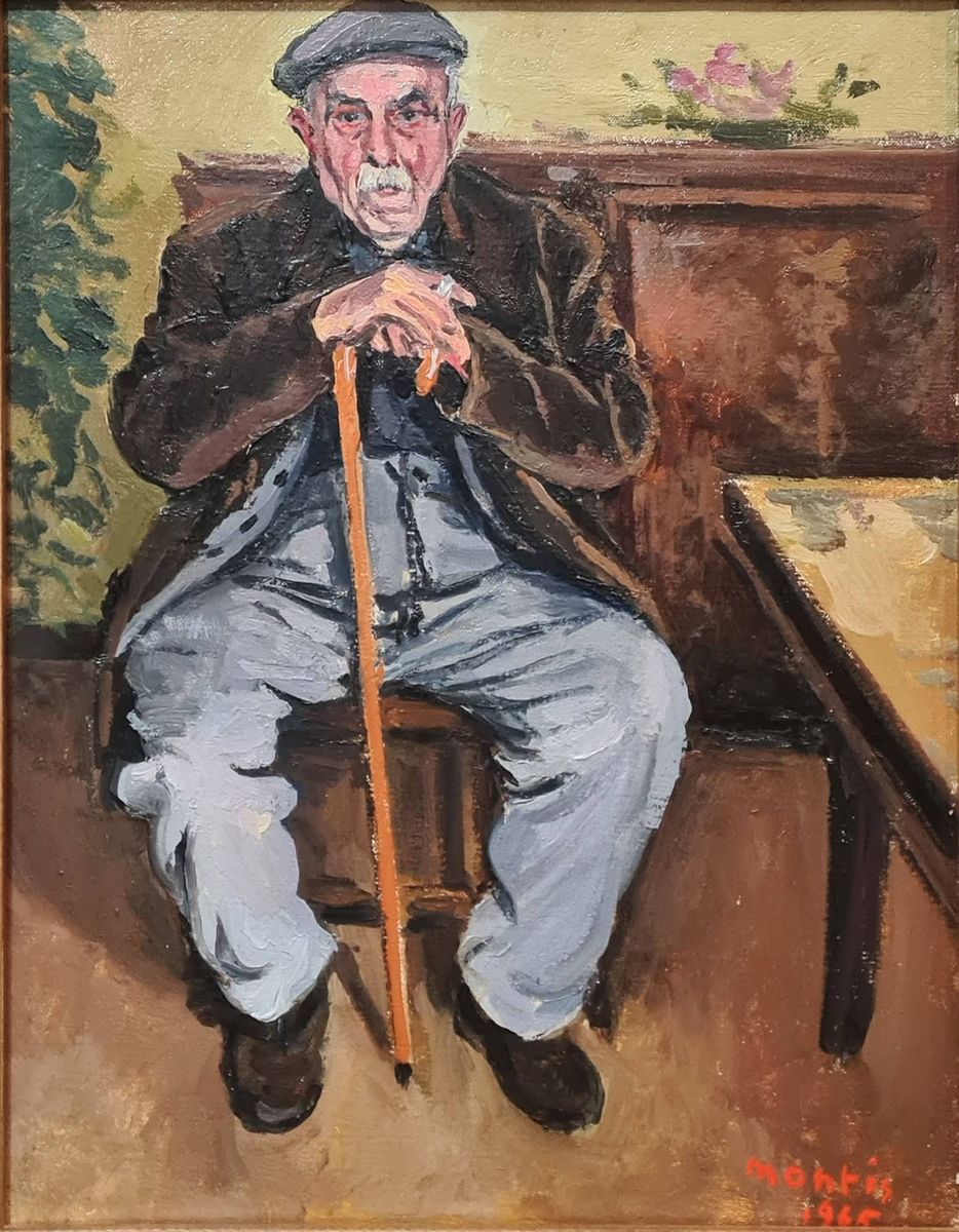 Null 蒙蒂斯-盖伊 (1918-1976)
拄着拐杖的老人，1965年
布面油画，右下方有签名和日期 
35 x 27 cm