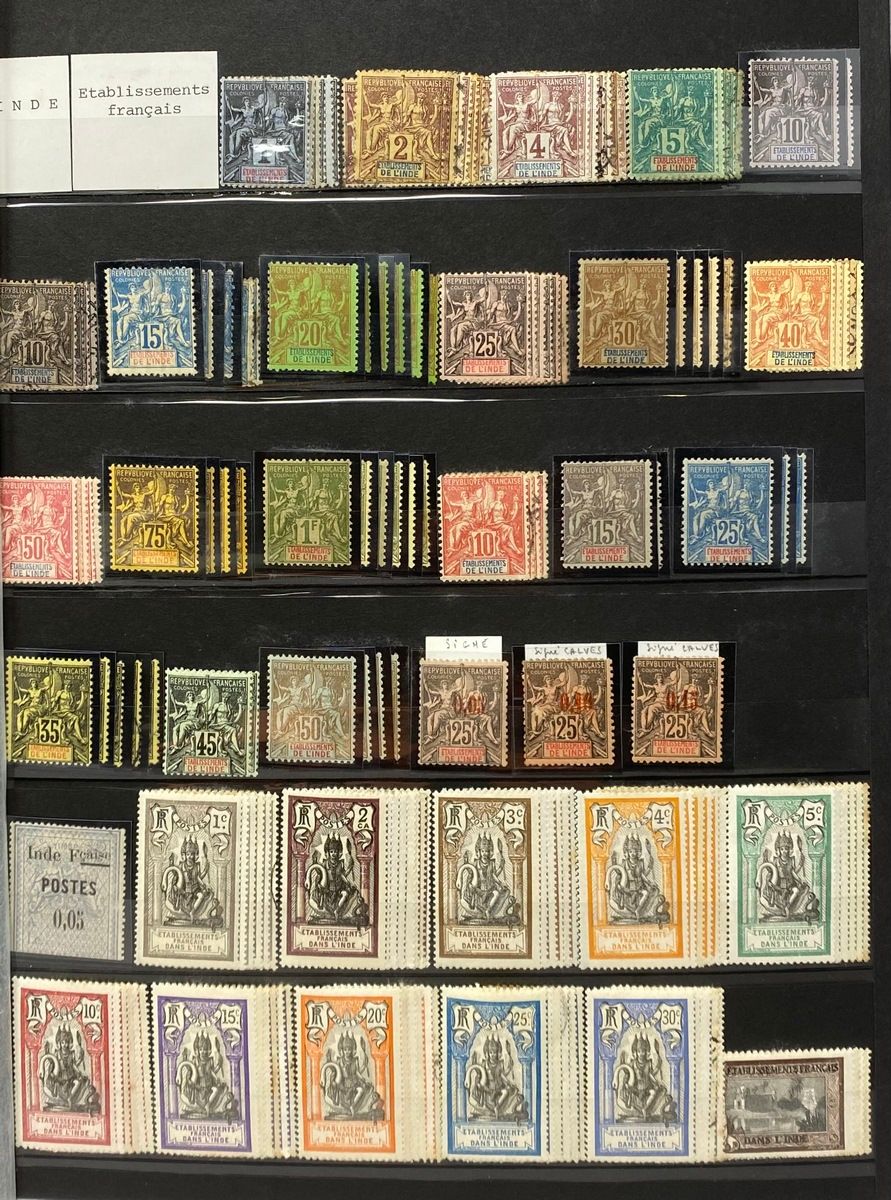 Null 法国的印度
免费的法国部分
非常好的收藏，非常先进。 
块状和片状，取消的邮票，带铰链的薄荷。