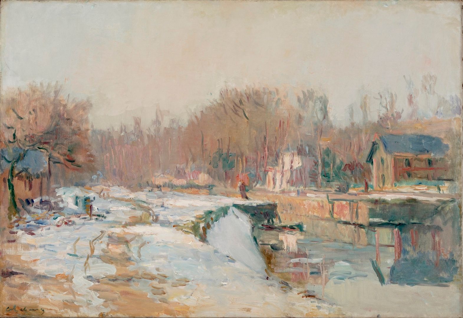 Null 勒布尔阿尔贝, 1849-1928
水闸，马恩河运河上的雪景
布面油画（略有修复），左下方有签名，背面有编号 D9208 的标签和让-德-鲁阿兹画廊的&hellip;