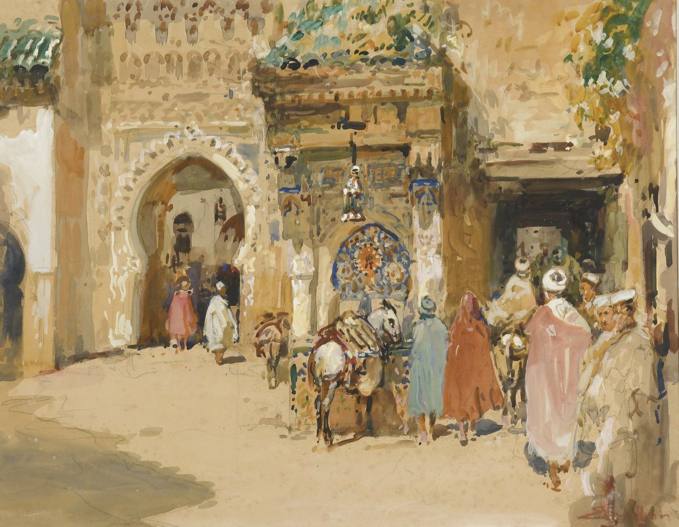Null 尤金-维隆，1879-1951 年
城镇入口，非斯，摩洛哥 1933 年
水粉画（模印痕迹），右下方有签名，裱褙上有位置和日期
43.5 x 56 厘&hellip;