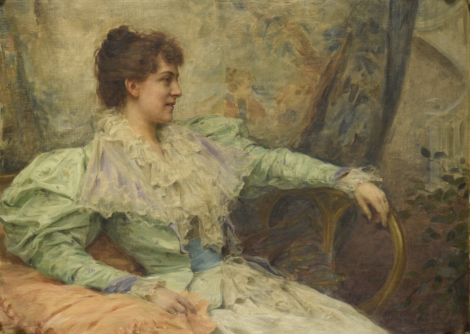Null 无名氏 19 世纪末 20 世纪初
身着绿裙的优雅女子
布面油画（清漆泛黄，有划痕），未署名，担架背面有手写标签：A Hugot / 17 boule&hellip;