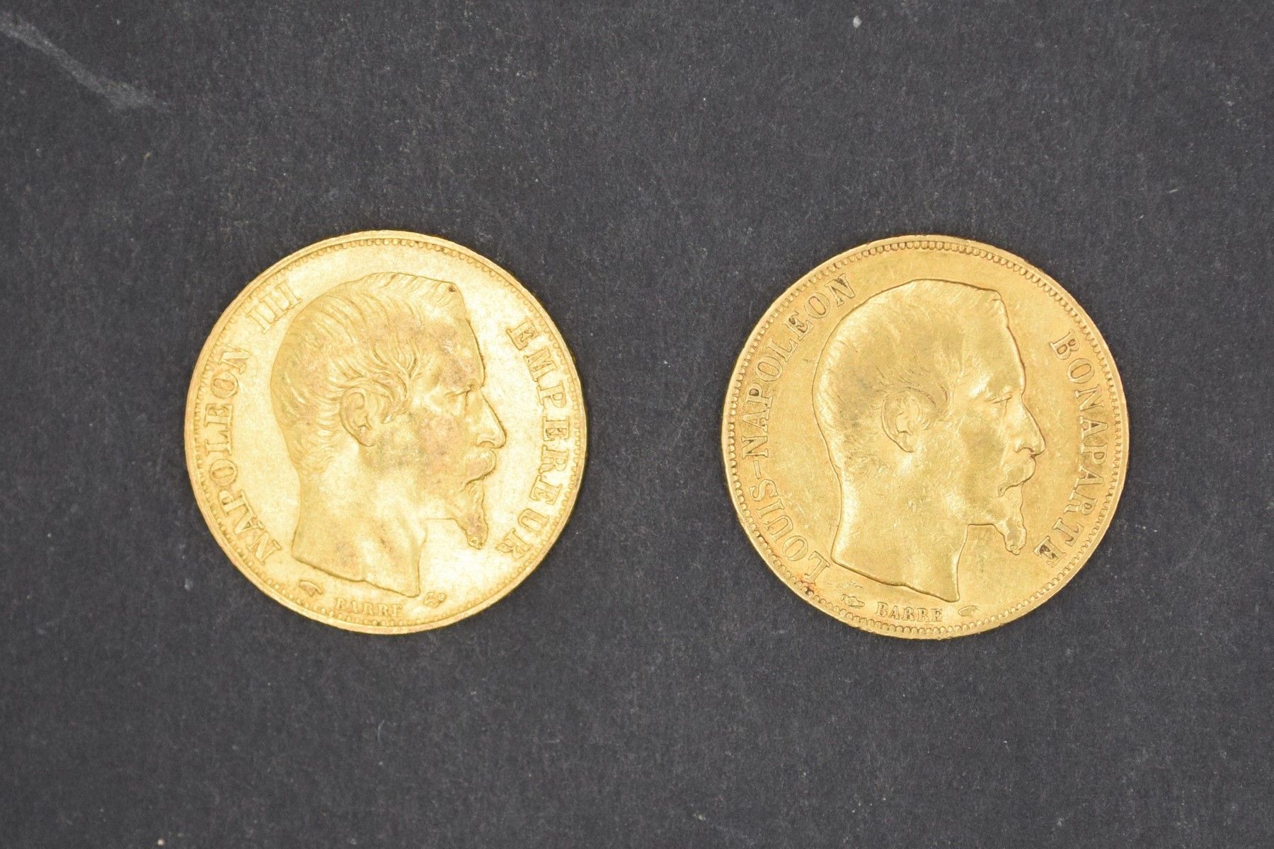 Null Lot de deux pièces en or de 20 francs Napoléon III tête nue (1852 A ; 1856 &hellip;