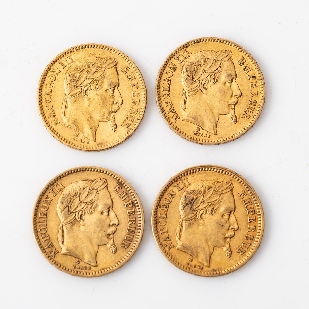 Null Quatre pièces en or de 20 francs Napoélon III tête laurée (BB : 4 x 1865). &hellip;