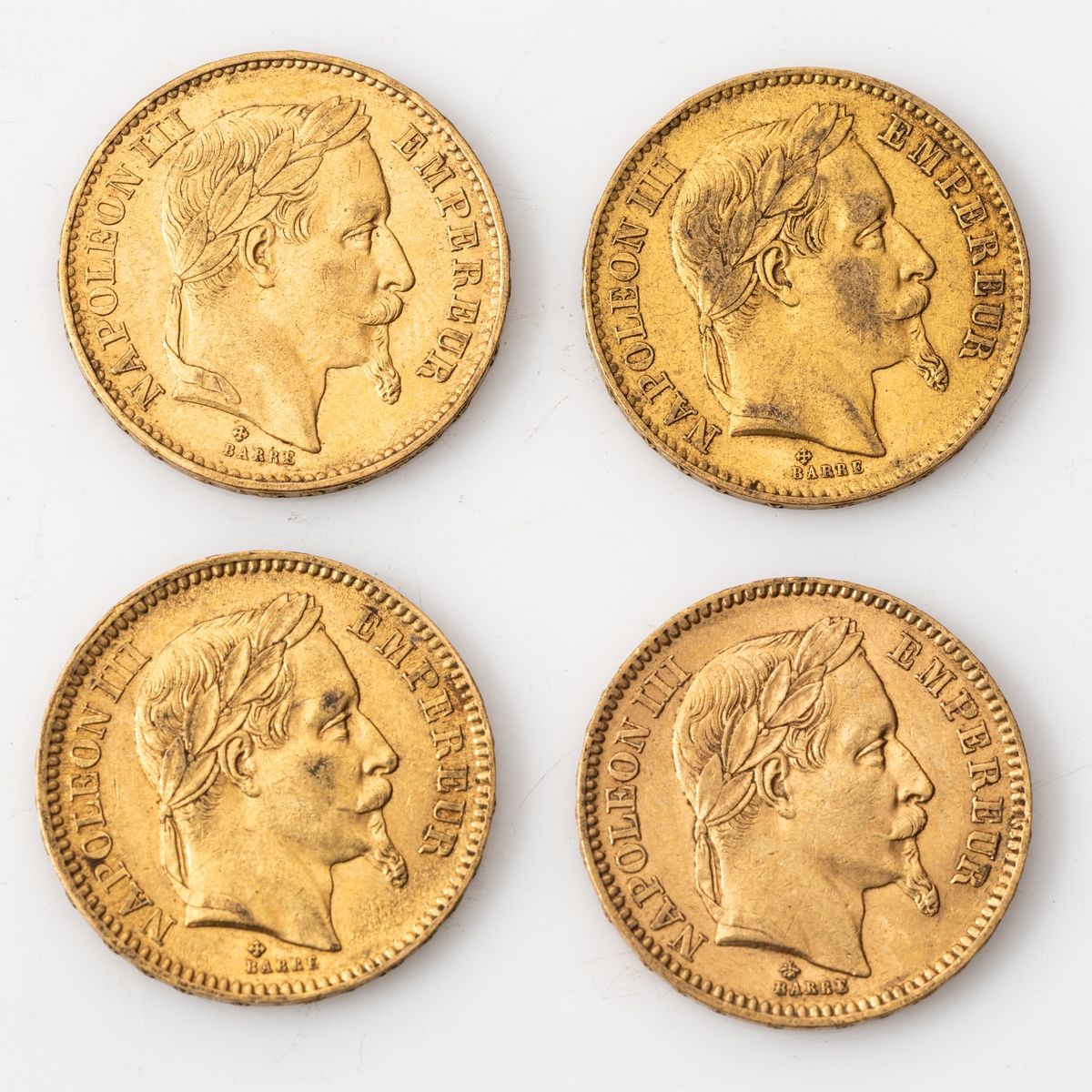 Null Quatre pièces en or de 20 Francs Napoléon III tête laurée (1863, BB ; 1866,&hellip;