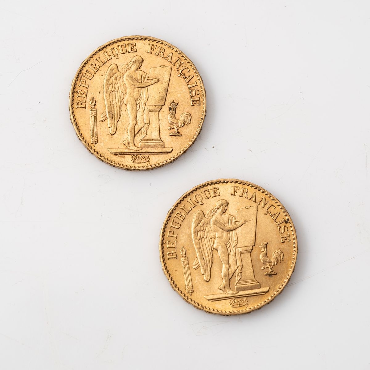 Null Deux pièces en or de 20 Francs Génie (1886, A ; 1898, A).

Poids : 12,9 g.