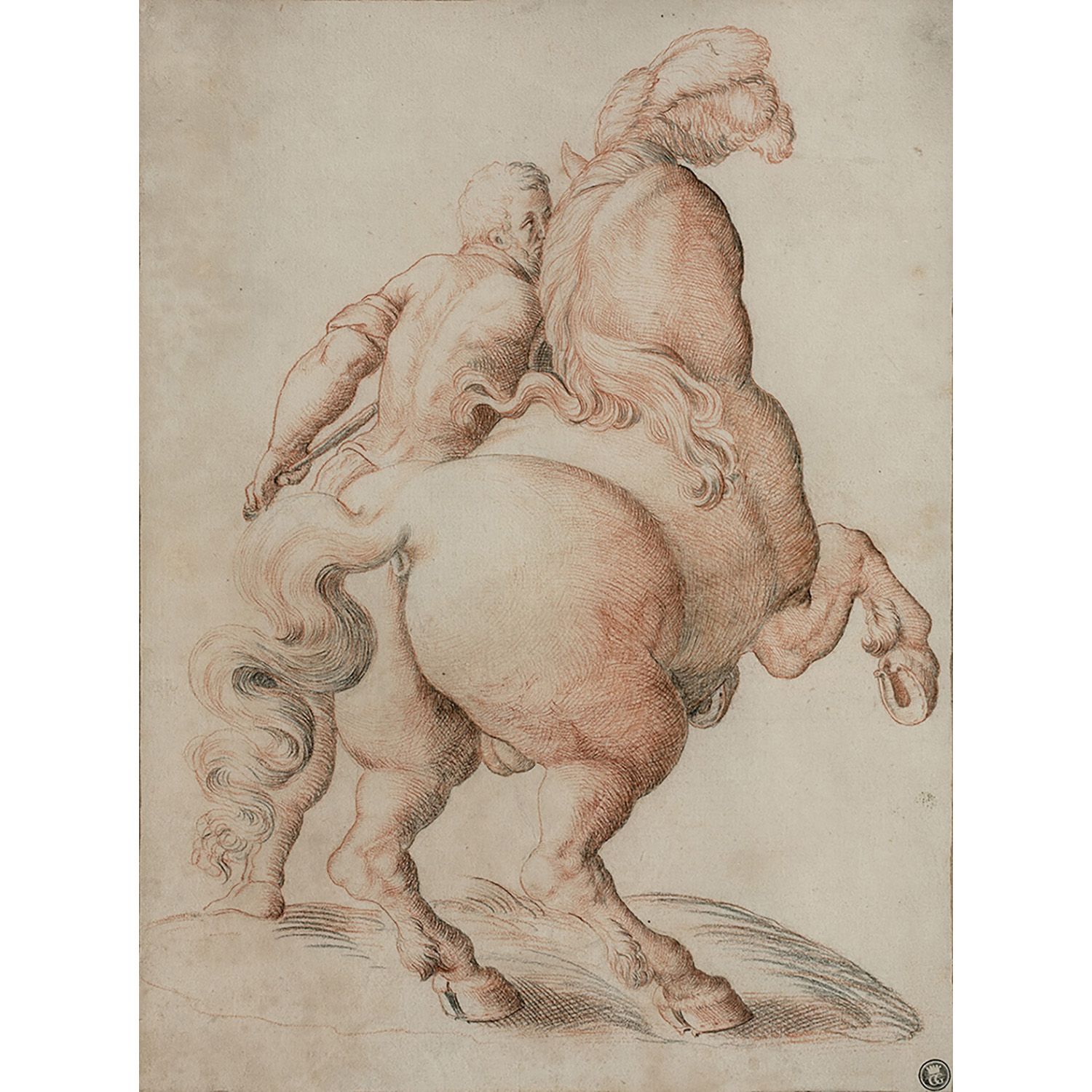 Null 16世纪晚期意大利学校
一个男人控制着一匹奔跑的马，装饰着羽毛
Sanguine和黑色粉笔
收藏品右下方的印章（Lugt 545。Modesto Ig&hellip;