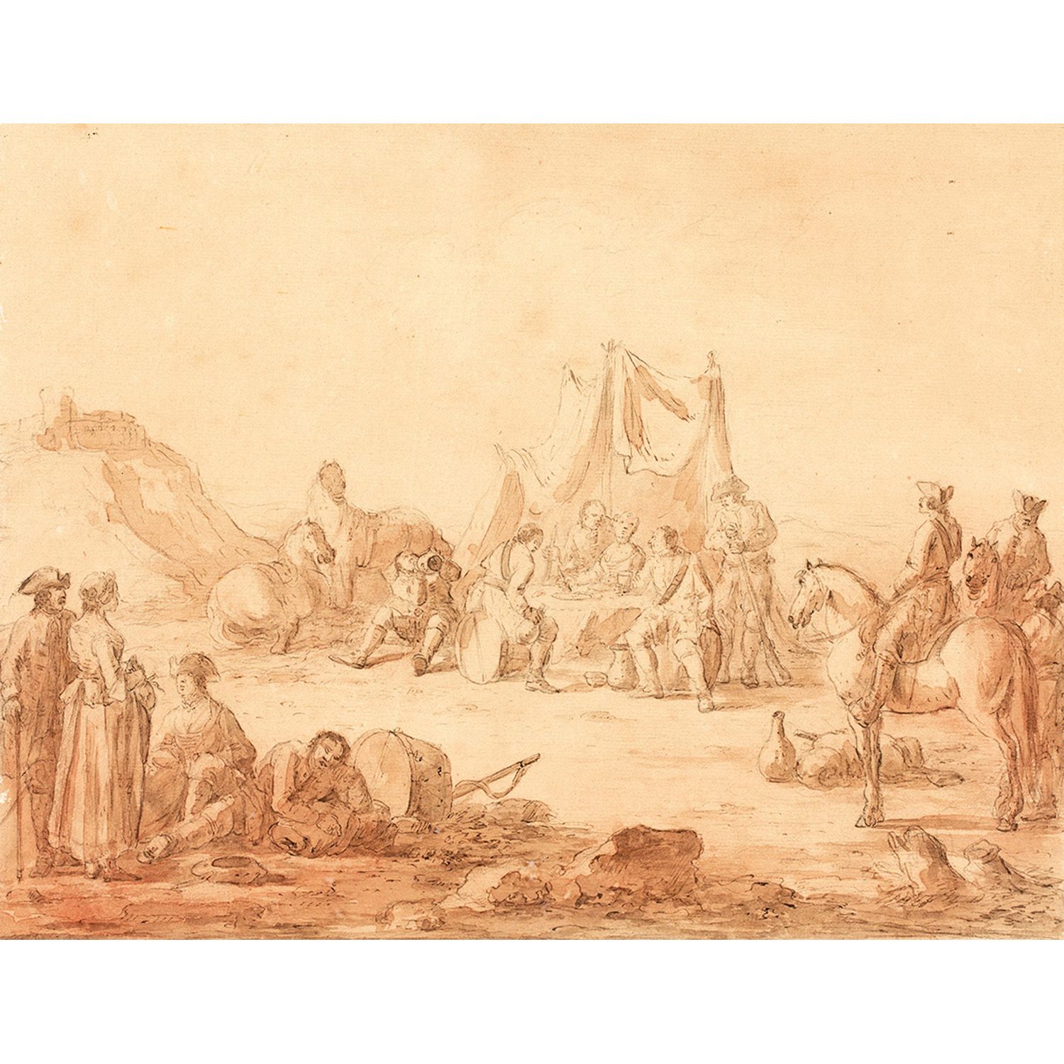 Null 归属于JEAN-BAPTISTE LE PAON (c.1736-1785)
LA HALTE MILITAIRE
棕色水洗和棕色墨水在铅笔线上
小幅&hellip;