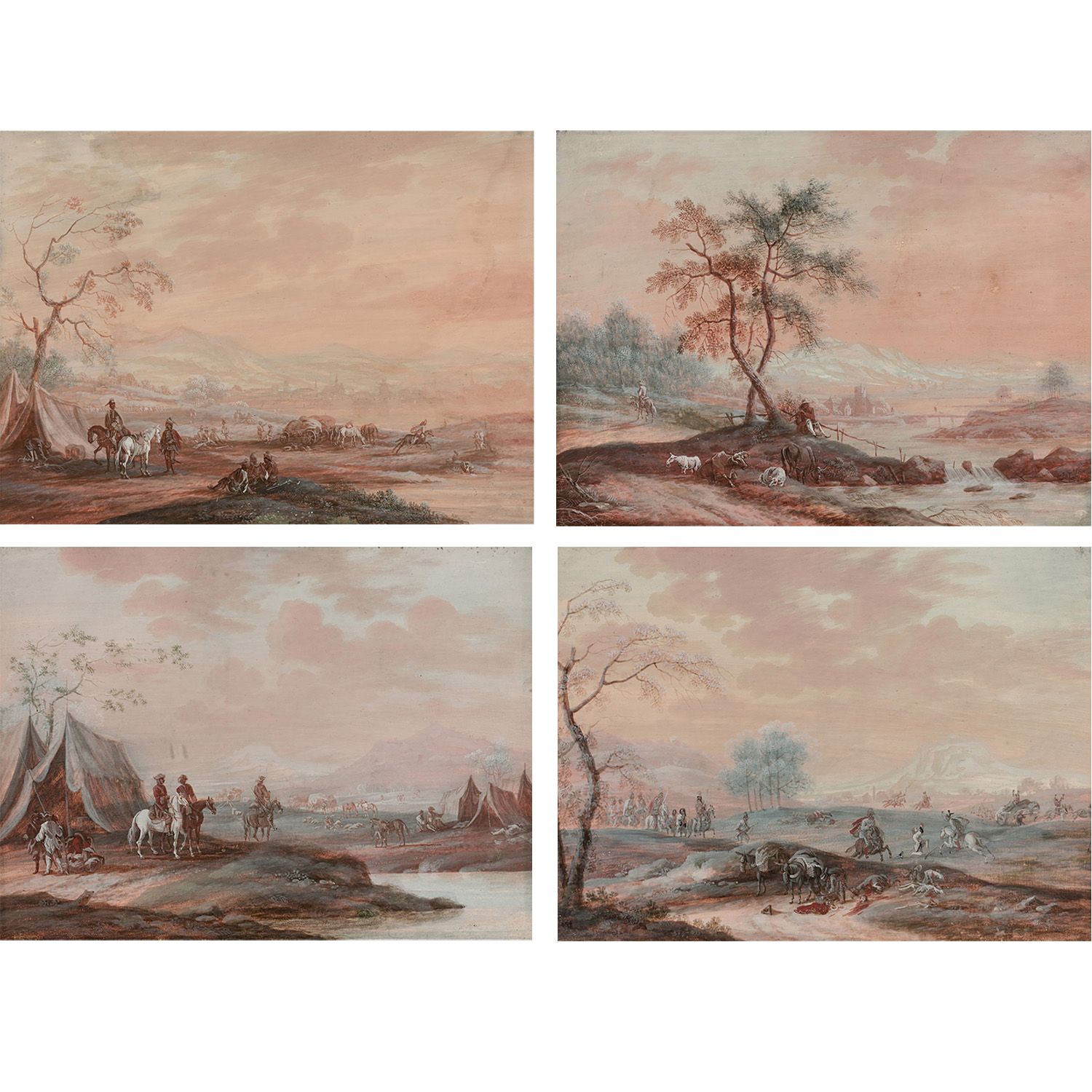 Null 归属于FRANCESCO GIUSEPPE CASANOVA (1727-1802)
三个野营和战斗的场景；一个牧师的场景
四幅水粉画的组合
污渍和湿&hellip;