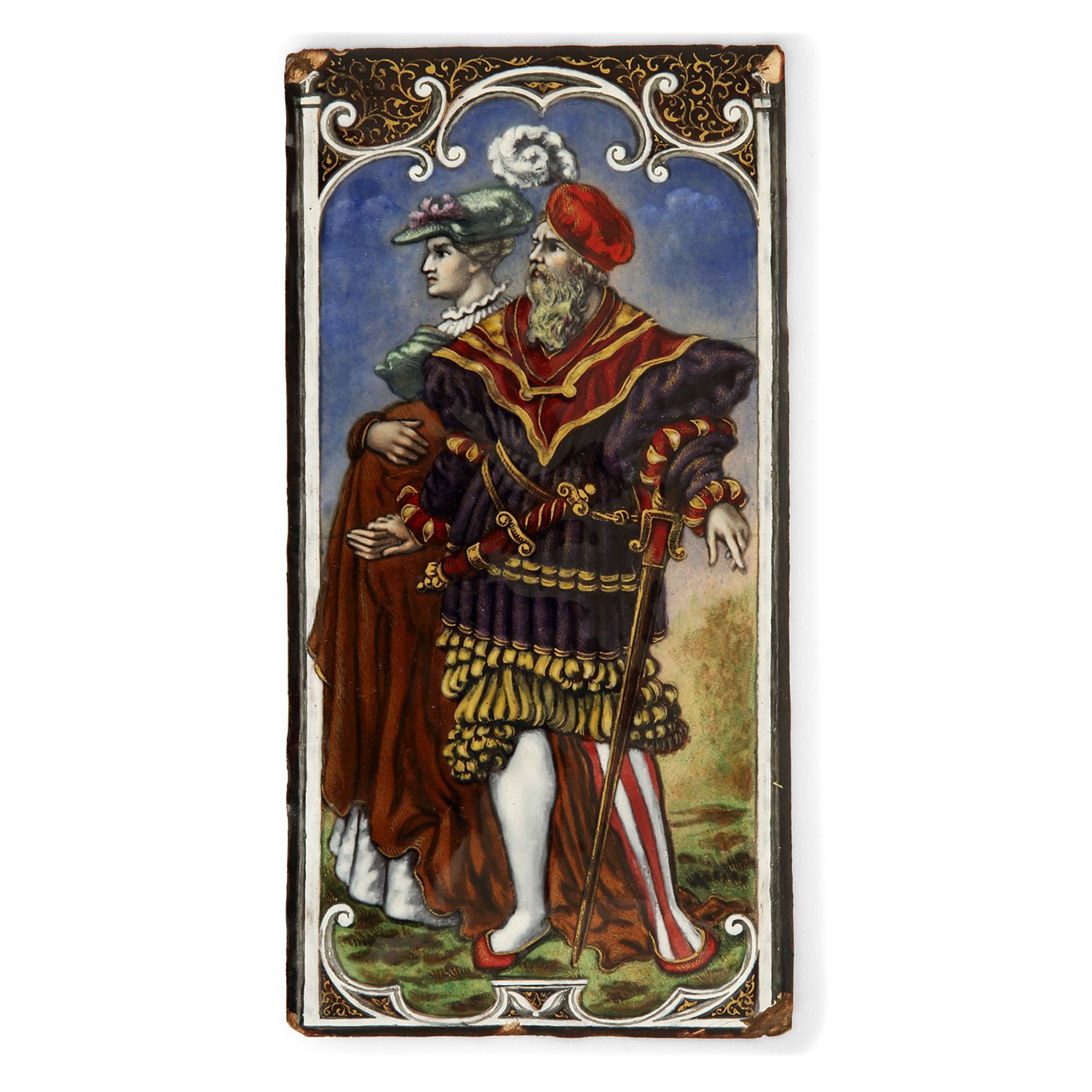 Null 珐琅板，19世纪下半叶

新文艺复兴时期的铜质彩绘，多色珐琅和珍珠，表现了一位身着德国服装的贵族和他怀孕的妻子，在白色和金色的卷轴框架中。

焦糖色反&hellip;
