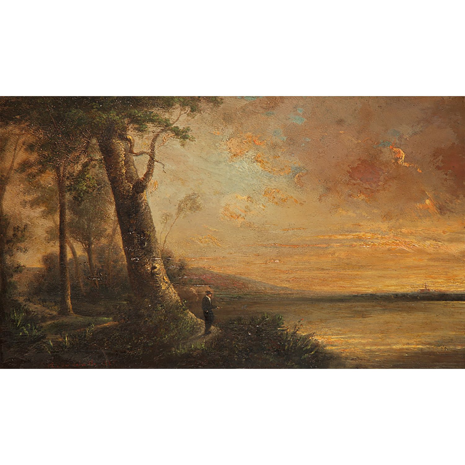 Null A. DE BALEVILLE, 1885

LAKE LANDSCAPE WITH A FISHERMAN

Metal. 

Signed low&hellip;