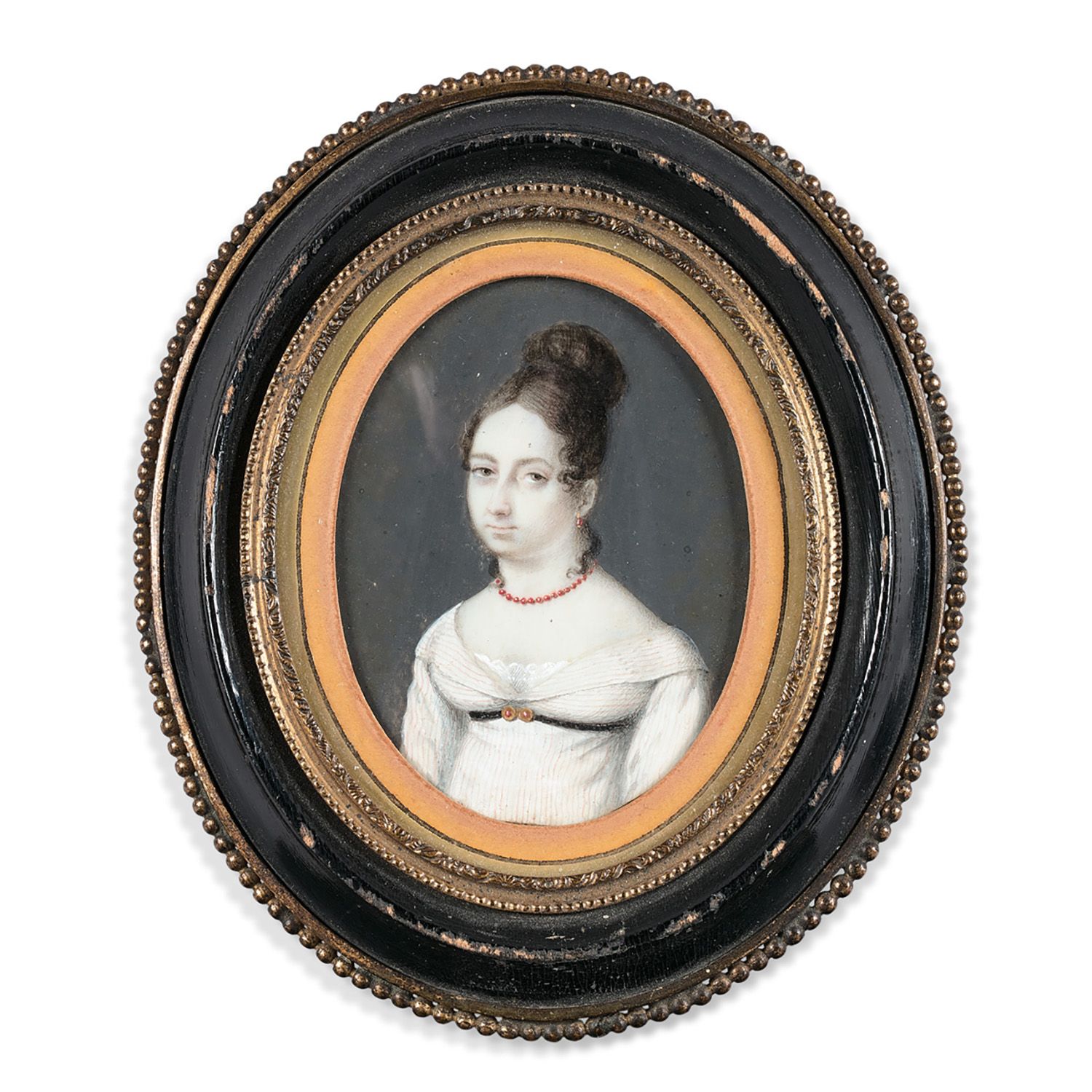 Null 微型画，19世纪初的法国学校

梳着发髻、戴着珊瑚项链的女人肖像

水粉画在象牙上



微型画，19世纪初法国学校，梳着发髻、戴着珊瑚项链的妇女肖像&hellip;